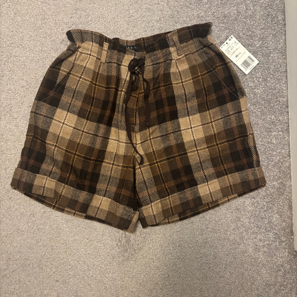 MNG by Mango Wool Plaid Brown and Tan Shorts with Drawstring Waist